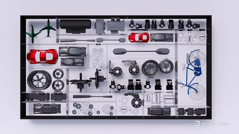 White Background Wall With Toy Cars Bicycle Models Wheels And Tools 3d model 