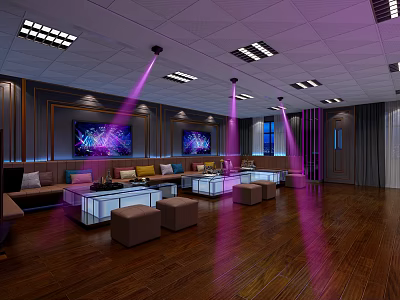 Modern KTV Interior Design With Colorful Stage Lights Comfortable Sofa And Wooden Floors 3d model