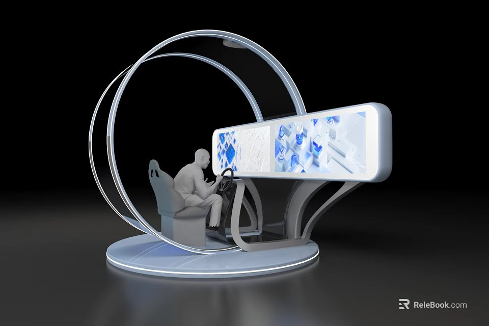 Futuristic Immersive Interface Device With User Seated And Large Display Screen 3d model