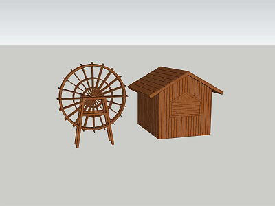 Wooden Garden Ornaments Featuring Rustic Waterwheel And Small Shed Design 3d model