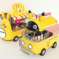 Commercial Yellow Food Trucks With Cartoon Design And Striped Awnings For Mobile Catering
