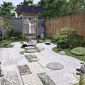 Karesansui Dry Landscape Garden With Zen Design Gravel Stones Green Plants And Wooden Fence
