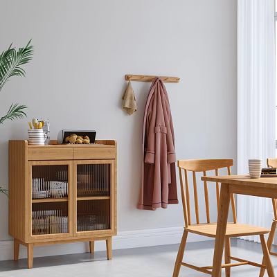 Wooden Sideboard with Glass Doors Books Inside Wall Hook Pink Coat Dining Table Green Plant 3d model