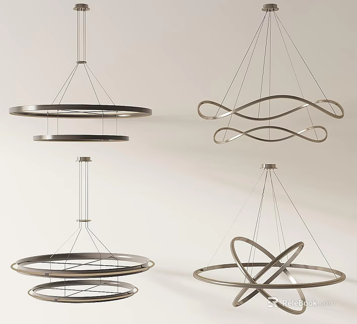 Stylish Modern Layered Intertwined Chandeliers with Circular Curved Metallic Designs 3d model 