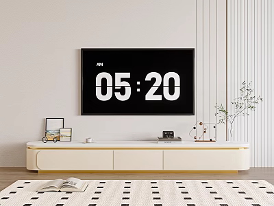 Minimalist Beige TV Stand In Living Room With TV Decorations Plant And Striped Wall 3d model
