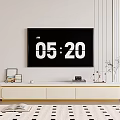 Minimalist Beige TV Stand In Living Room With TV Decorations Plant And Striped Wall