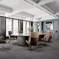 Elegant Modern Conference Room Interior With Blue Paneled Walls Round Table And Wooden Chairs
