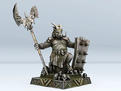 Mythical Warrior Sculpture With Axe Shield Armor And Skull Base Design 3d model