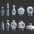 Blue and White Porcelain Ceramic Vessels with Various Shapes and Floral Patterns