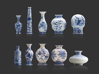 Blue and White Porcelain Ceramic Vessels with Various Shapes and Floral Patterns 3d model