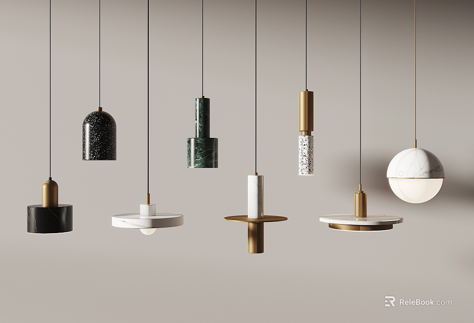 Pendant Lights With Various Shapes And Colors Like Black White Gold And Green Marble Hanging 3d model 
