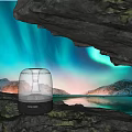 Transparent Dome Speaker on Rocks with Aurora Snowy Mountains and Lake View 3d model