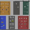 Colorful Public Restroom Swing Doors With WC Signs And Emergency Markings
