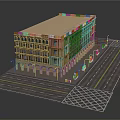 Urban Multi Story Building With Arched Porches Windows Street Lamps And Sidewalk Greenery