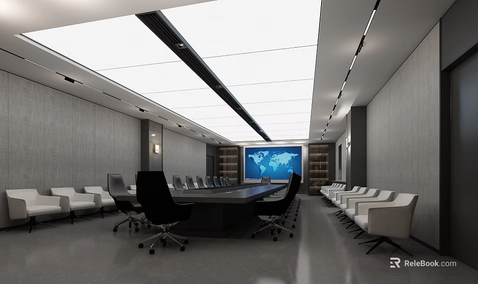 Modern Spacious Conference Room With Large Table Black Chairs And World Map Screen 3d model