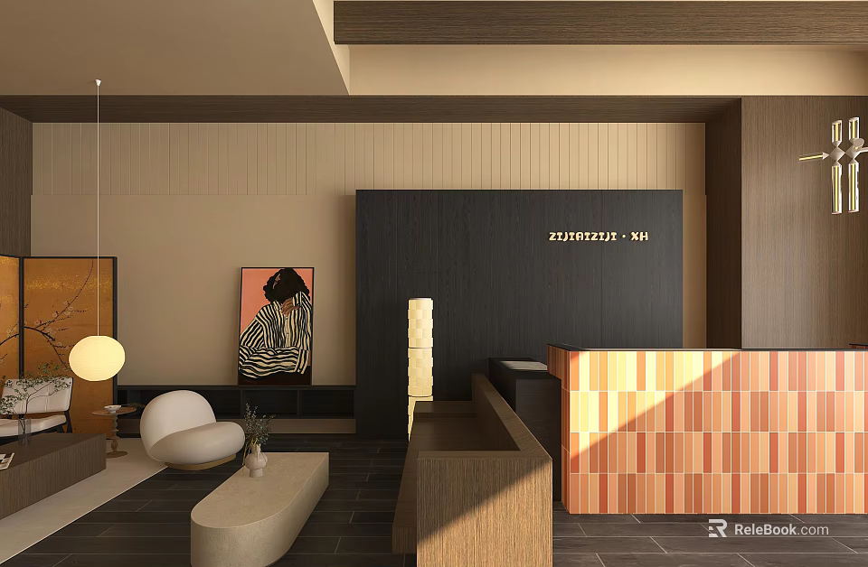 Modern Hotel Lobby Interior With Reception Desk Seating Area And Decorative Lighting 3d model 