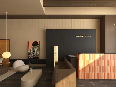 Modern Hotel Lobby Interior With Reception Desk Seating Area And Decorative Lighting 3d model