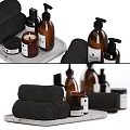 Modern Minimalist Bathroom Accessories With Rolled Towels Soap Dispensers Jars And Marble Tray