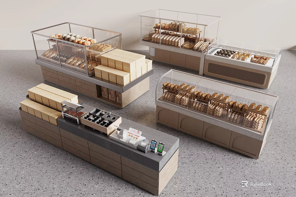 Dessert Shop Interior With Glass Display Cases Filled With Fresh Breads And Pastries 3d model 