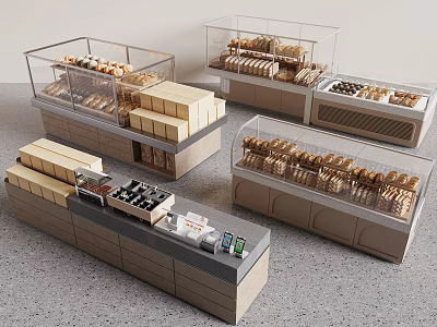 Dessert Shop Interior With Glass Display Cases Filled With Fresh Breads And Pastries 3d model