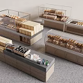 Dessert Shop Interior With Glass Display Cases Filled With Fresh Breads And Pastries