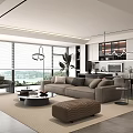 Modern Living Dining Room Interior With Large Windows Gray Sofa Open Kitchen And Cabinets