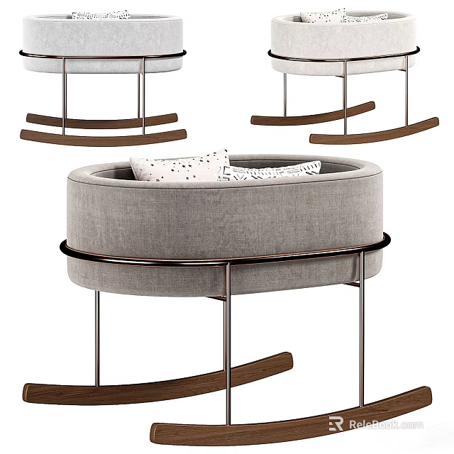 Modern Round Baby Crib with Gray Padded Mattress Metal Frame and Wooden Rocking Legs 3d model 