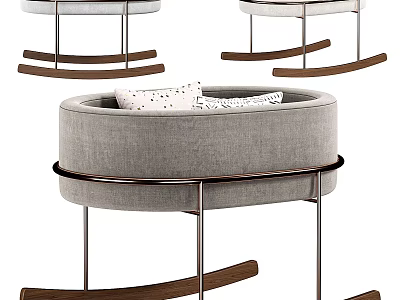 Modern Round Baby Crib with Gray Padded Mattress Metal Frame and Wooden Rocking Legs 3d model