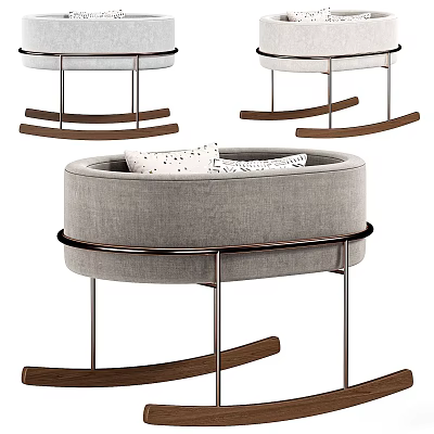 Modern Round Baby Crib with Gray Padded Mattress Metal Frame and Wooden Rocking Legs 3d model