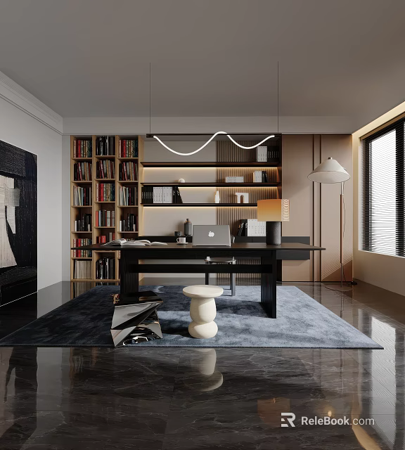 Modern Study Room Interior Design With Wooden Bookshelves Desk And Table Lamp 3d model 