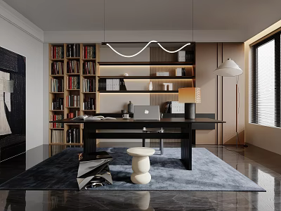 Modern Study Room Interior Design With Wooden Bookshelves Desk And Table Lamp 3d model