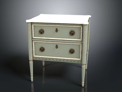 Light Green Nightstand With Two Drawers Round Metal Knobs White Top And Slender Legs 3d model