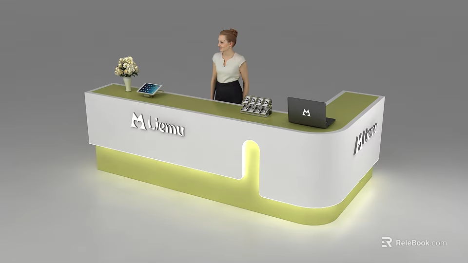 Modern White And Green Reception Desk With Illuminated Base Flower Vase iPad Laptop Lemuo Logo 3d model 
