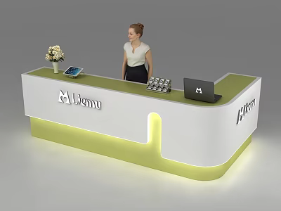 Modern White And Green Reception Desk With Illuminated Base Flower Vase iPad Laptop Lemuo Logo 3d model