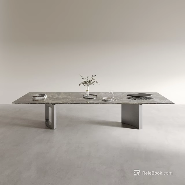 Minimalist Modern Dining Table With Marble Top Metal Legs And Decorative Vase Plates Glasses 3d model 