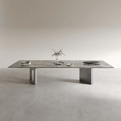 Minimalist Modern Dining Table With Marble Top Metal Legs And Decorative Vase Plates Glasses 3d model