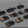 Various Black Kitchen Sinks with Faucets Cutting Boards and Fresh Fruits