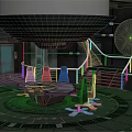 Cartoon Style Command Center Scene With Round Green Table Black Chairs And Stairs