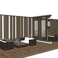 Outdoor Sofas On Wooden Deck With Wooden Slat Screen Bamboo Plants And Lighting Fixtures