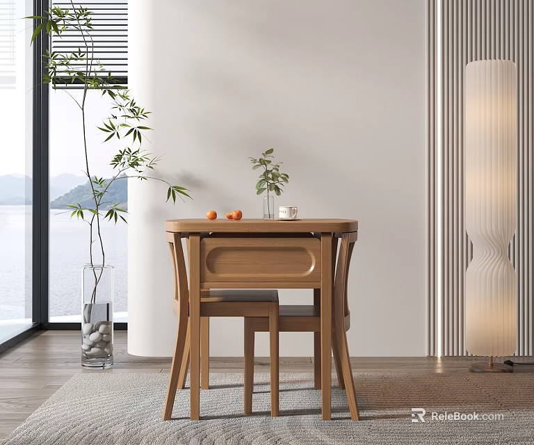 Modern Wooden Outdoor Table With Matching Chairs And Green Plants 3d model 