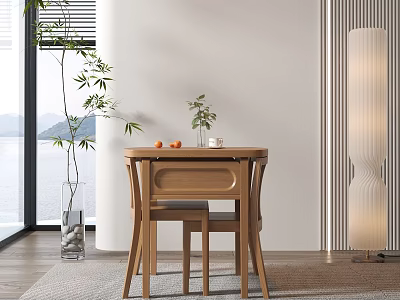 Modern Wooden Outdoor Table With Matching Chairs And Green Plants 3d model