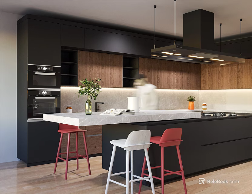 Modern Kitchen Interior With Black Cabinets Wooden Elements Island Counter Bar Stools And Hanging Lights 3d model 