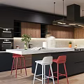 Modern Kitchen Interior With Black Cabinets Wooden Elements Island Counter Bar Stools And Hanging Lights