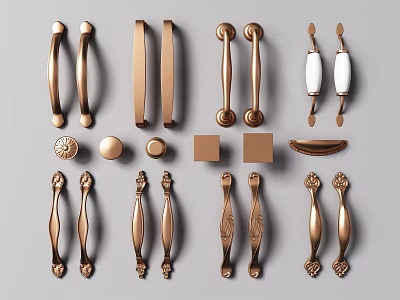 Various Ornate Metal Handles With Long Bar Shapes Round Bases And Decorative Designs 3d model