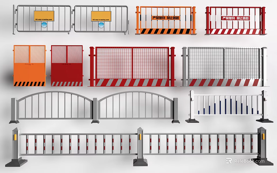 Different Safety Fences Featuring Arched Designs Colorful Patterns Striped Edges and Grid Structures 3d model 