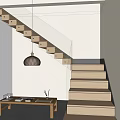 Wooden Staircase with Glass Railing Light Colored Steps LED Strip Lights and Pendant Light