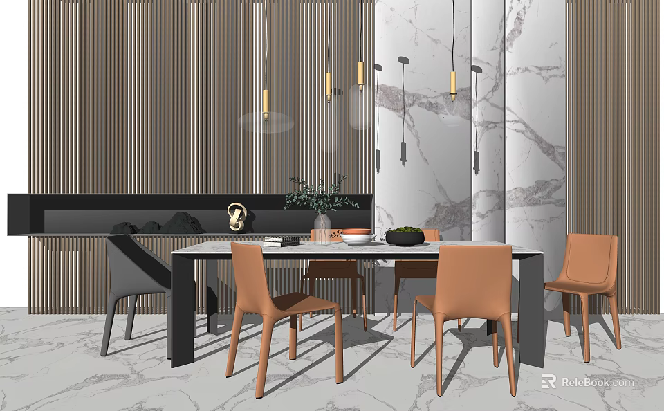 Modern Dining Table Set With Beige Chairs Marble Wall And Pendant Lights 3d model