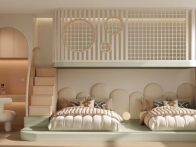 Kids Room Interior Design With Bunk Bed Staircase Arched Cabinets And Circular Lattice Decorations 3d model