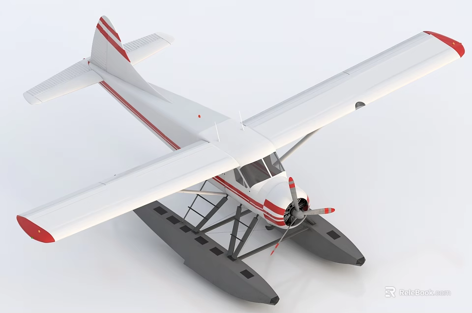White And Red Seaplane Model With Floats Propeller And Wings 3d model 