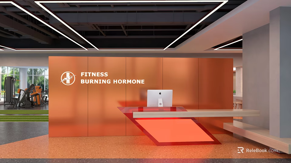 Modern Fitness Reception Desk With Orange Wall Neon Lighting And Computer Setup 3d model 